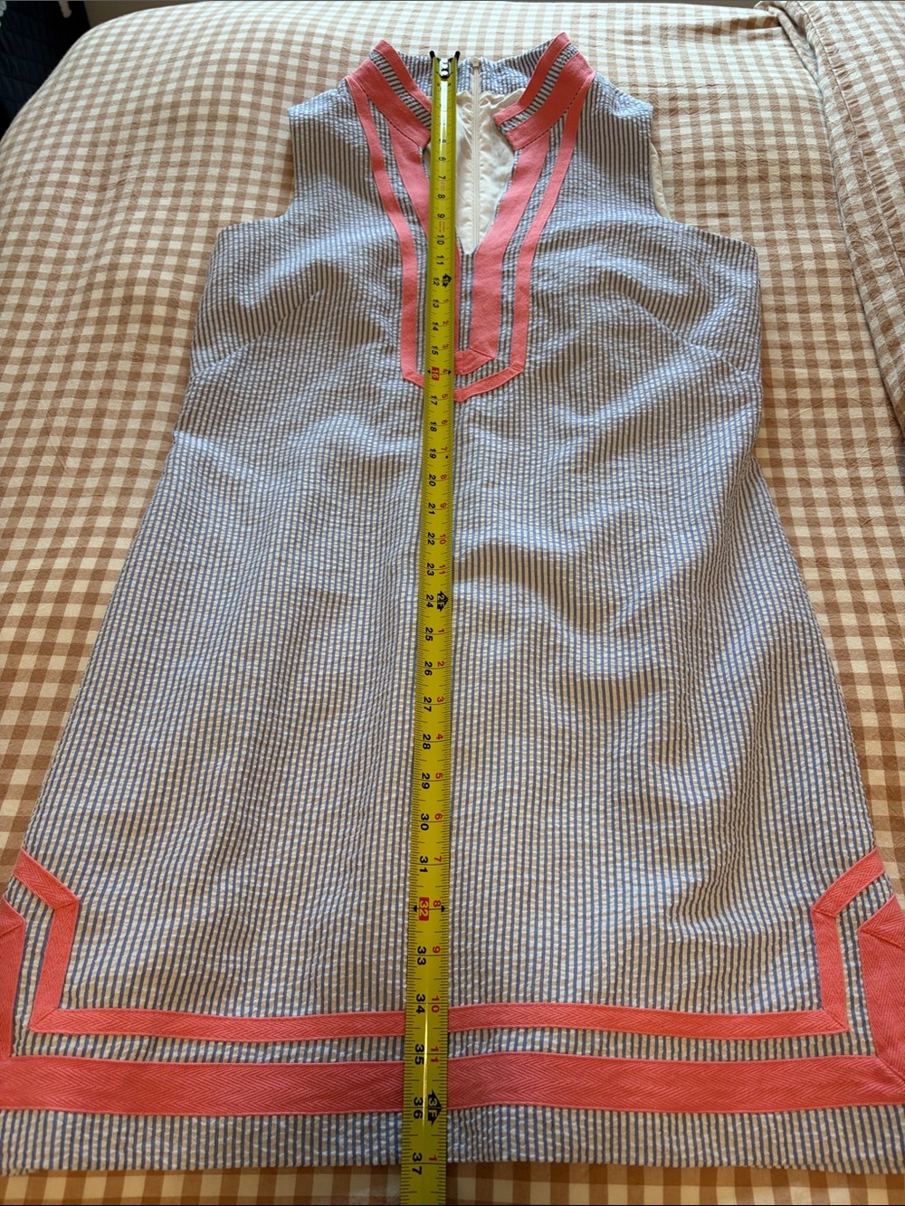 Eliza J Blue-and-White Striped Shift Dress with Coral Trim